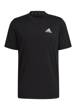 Czarna sportowa koszulka Adidas z krótkim rękawem, okrągłym dekoltem i białym logo Adidas na lewej piersi.