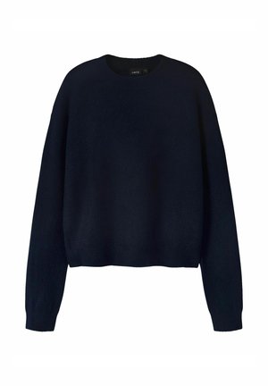 Pull court bleu marine, texture tricotée, col rond, épaules tombantes et ourlet côtelé. Tissu doux avec une coupe décontractée.