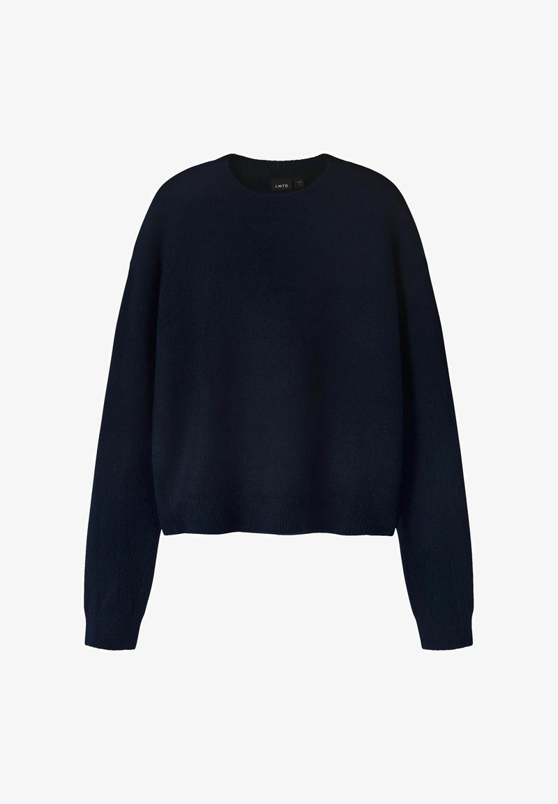 Námořnický modrý zkrácený svetr, pletená textilie, kulatý výstřih, spadlé ramena a žebrovaný lem. Měkká látka s volným střihem.