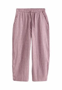 Pantaloni comozi, cu model gingham în roz și alb. Au talie elastică cu șnur și buzunare laterale.