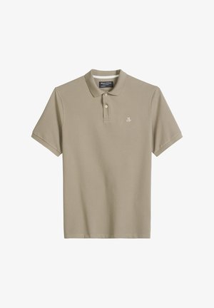 Bézs rövid ujjú galléros póló két gombbal, kis "MOP" logóval a bal mellrészen és klasszikus gallérral.