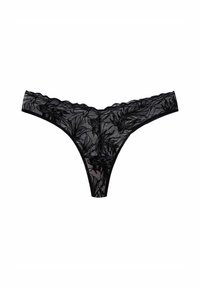 Black lace thong featuring floral embroidery, scalloped edges, and a sheer fabric design. Simple, minimalistic shape with no additional accents.
