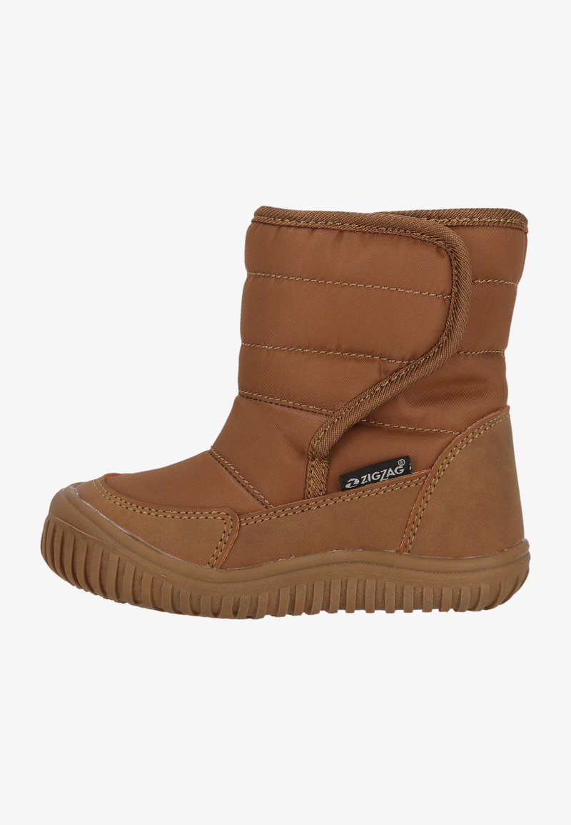 Brown quilted boots with a soft textile upper, rubber sole, and stitched detailing. Features a hook-and-loop strap for secure fit.