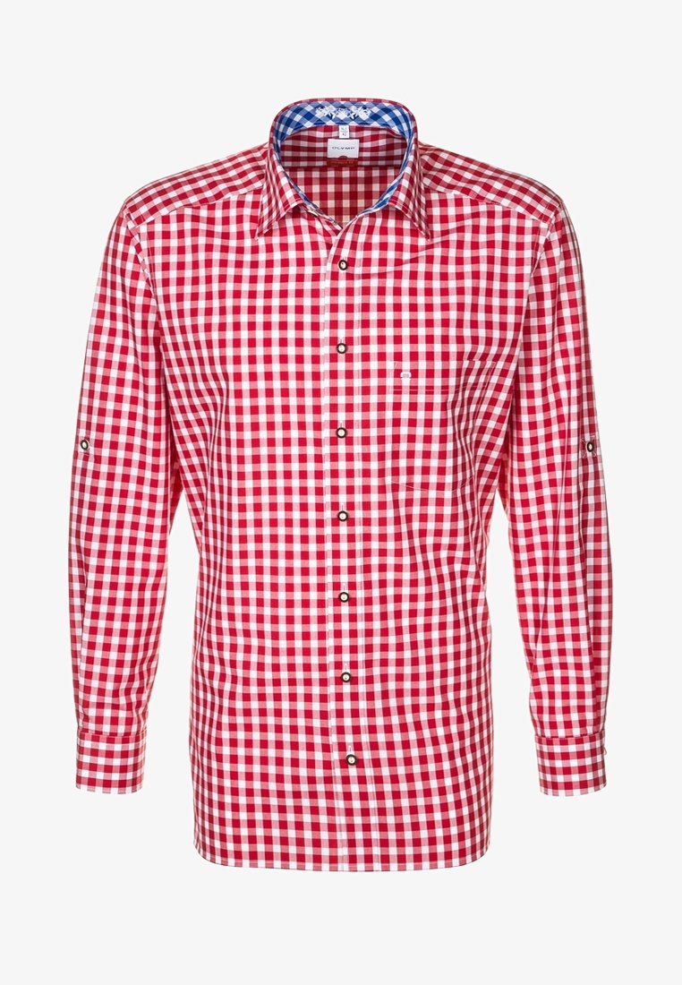 Chemise homme à manches longues avec motif à carreaux rouge et blanc, devant boutonné, col avec détail à carreaux bleu et blanc, et poche poitrine.