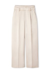 Beige wijde broek met een dubbele tailleband, plooien aan de voorkant, twee zijzakken en een glad, licht textuurgegeven stofafwerking.