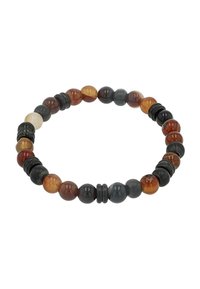 Bracciale di perline caratterizzato da varie pietre tonde nelle tonalità ambra, nera e marrone, intervallate da perline di separazione nere lucidate.