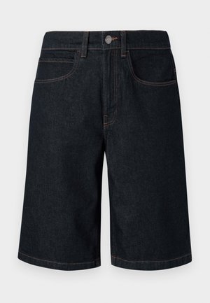 Tmavé deninové šortky s rovný strihom, s piatimi vreckami, oranžovým prešívaním a kovovým gombíkovým zapínaním v páse.