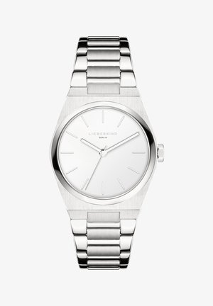 Sølv rustfrit stål ur med et minimalistisk oktogonalt urkasse, hvid skive, sølv timeindekser og et led-armbånd.