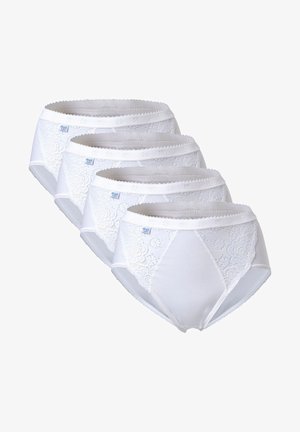 Hvide bomuldsbind med blonde detaljer, med et blomstermønster, bølgede kanter og et blåt logo på brystet. Pakke med fire.