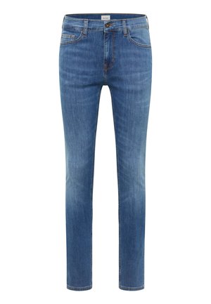 Niebieskie dopasowane jeansy z pięcioma kieszeniami, zapięciem na guziki oraz subtelnym wyblakłym efektem na udach i kolanach.