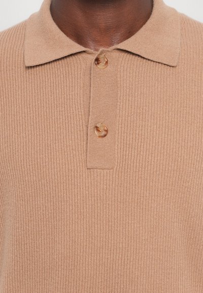 Brązowa polo w prążki o miękkiej teksturze, z kołnierzykiem w kształcie punktu i trzema przezroczystymi guzikami przy listwie.