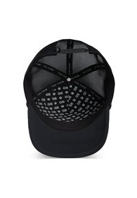 Black cap with a structured brim, mesh interior, and patterned lining featuring repeated "GB" logos. Simple and functional design.