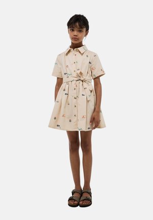 Robe beige à manches courtes avec des motifs colorés brodés, un col et une taille nouée. Comprend des boutons sur le devant et une jupe évasée.