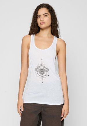 White tank top made of lightweight fabric featuring a central black graphic design of a moth within geometric shapes. Rounded neckline and armholes.