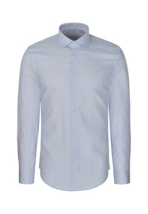 Light blue long-sleeve men's dress shirt with button front and collar, displayed against a white background.