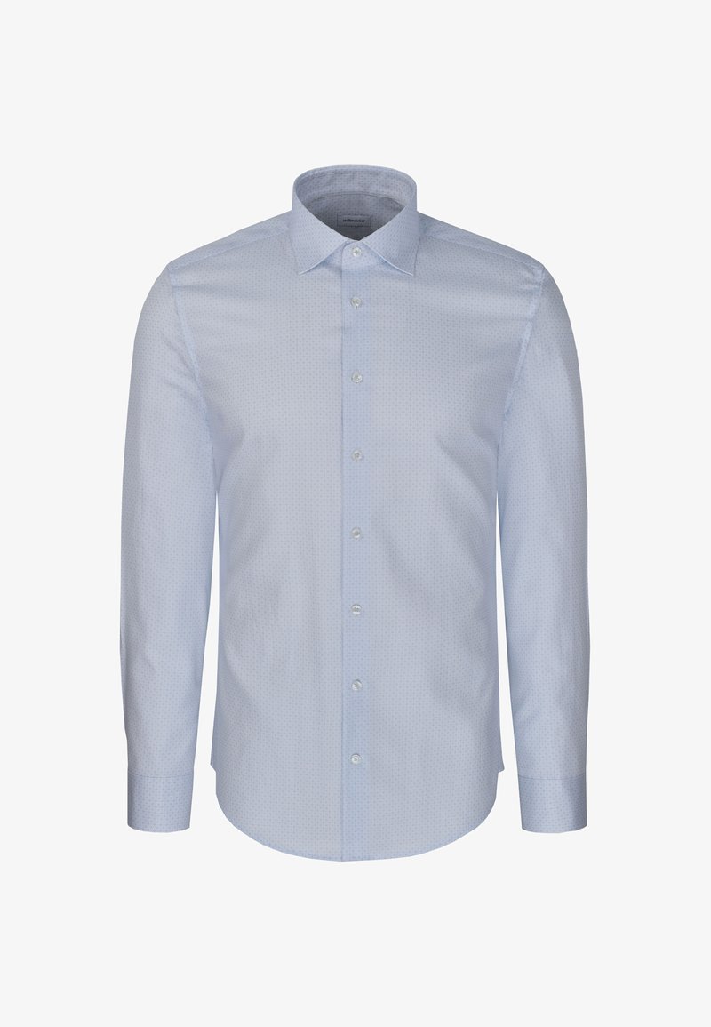 Chemise habillée homme bleu clair à manches longues avec boutons à l'avant et col, présentée sur fond blanc.