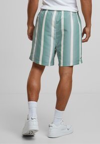 Lyse grønne badeshorts med hvide lodrette striber, elastisk talje og glat tekstur, kombinert med hvite sokker og joggesko.