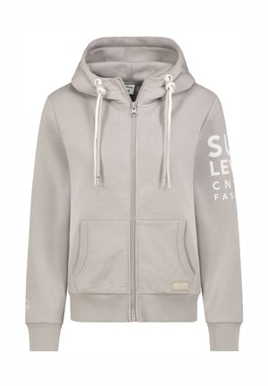 Gray zip-up hoodie made of soft fabric, featuring a drawstring hood, kangaroo pockets, and large logo print on the right sleeve.