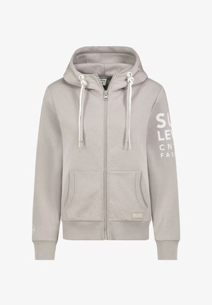Gray zip-up hoodie made of soft fabric, featuring a drawstring hood, kangaroo pockets, and large logo print on the right sleeve.