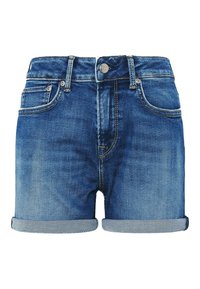 Jeansshorts i ljusblå tvätt med hög midja, uppvikta fållar, femficksdesign och knappstängning framtill i metall.