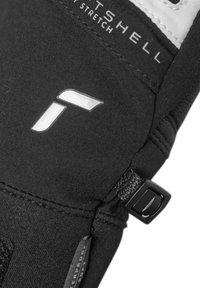 Guanto in tessuto elastico nero con logo riflettente, chiusura regolabile e materiale soft shell impermeabile con dettagli delle cuciture.