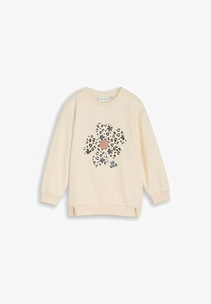 Ilgio rankovių kreminės spalvos džemperis su dideliu leopardžio rašto gėlės piešiniu ir užrašu „Go Wild“ priekyje, pasiūtas su elastinėmis rankogaliais ir skeltukais apačioje.