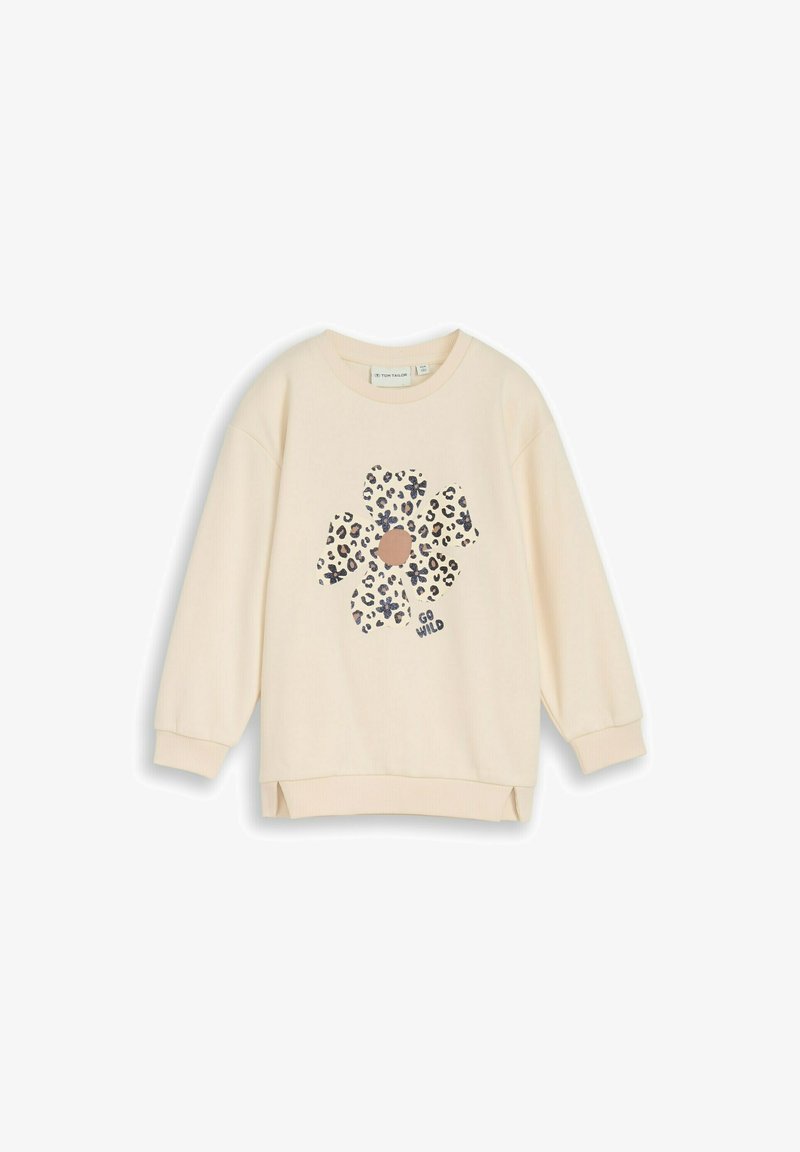 Hanorac cu mâneci lungi de culoare crem, cu o floare mare în imprimeu leopard și textul „Go Wild” pe partea din față, cu manșete striate și deschideri la tiv.