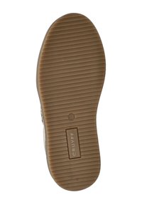 Schoenzool met bruine rubberen loopvlak met horizontale groeven, maat 33, en rechthoegige Cruyff-logo diep gedrukt in het midden.