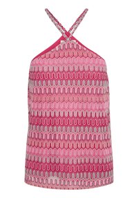 Rosa halterneck-top med ett vågigt mönster i olika nyanser av rosa och vitt. Designad med korsade ryggband och en mjuk textur.