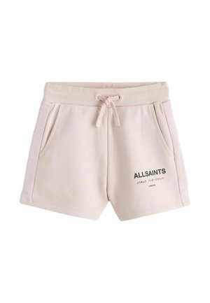 Hellbeige Drawstring-Shorts mit Seitentaschen und "ALLSAINTS London"-Branding mit japanischem Text am rechten vorderen Bein.