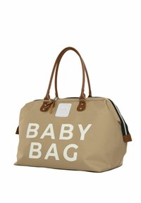 Borsa per bebè in tessuto beige con la scritta bianca "BABY BAG", manici in pelle marrone e cerniere. Presenta una forma rettangolare e una texture liscia.