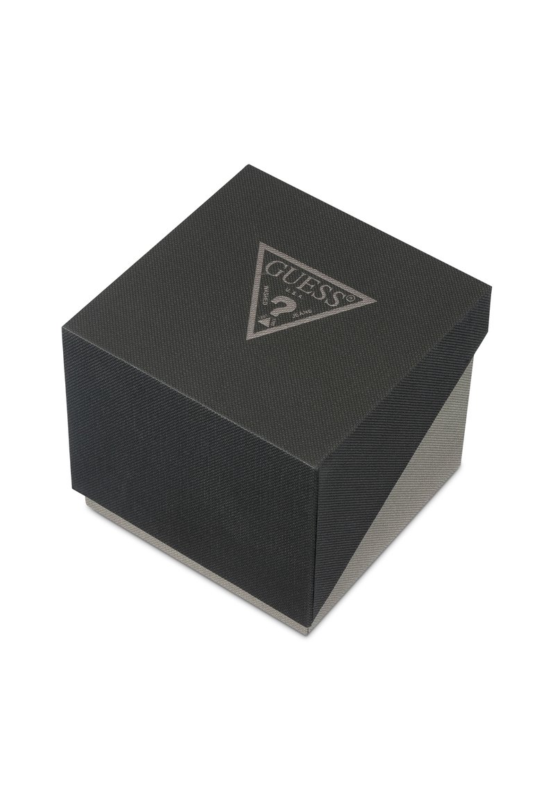 Caja de papel texturizado negro con un logotipo triangular en la tapa, que presenta un acento gris en un lado y una forma rectangular robusta.