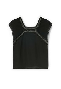 Zwarte top met korte mouwen en een vierkante halslijn, voorzien van een textuurafwerking in zilver en zwart langs de halslijn en schouders. Glad materiaal.