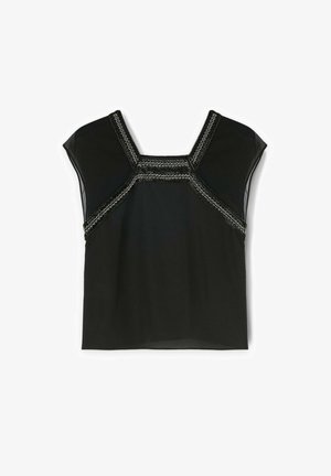 Zwarte top met korte mouwen en een vierkante halslijn, voorzien van een textuurafwerking in zilver en zwart langs de halslijn en schouders. Glad materiaal.