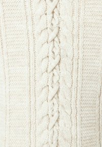 Strickpullover in Elfenbein mit einem zentralen Zopf-Muster, strukturierten Stichen und seitlichen Rippbündchen, der eine Mischung aus dicken und dünnen Garnen präsentiert.