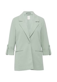 Helles grünes Blazer aus glattem Stoff. Verfügt über einen Reverskragen, zwei Fronttaschen und hochgeschobene Ärmel mit Knopfdetails.