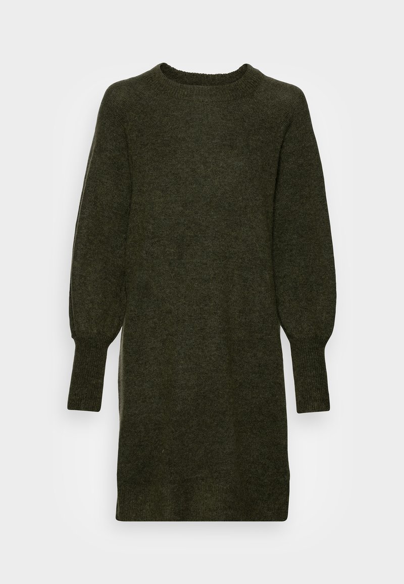 Robe tricotée vert foncé avec un col arrondi, manches longues bouffantes et poignets côtelés. Texture douce, longueur mi-cuisse, design minimaliste.