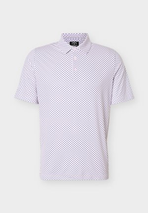 White short-sleeve polo shirt with small black and pink geometric dot pattern and a buttoned collar.