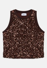 Top senza maniche decorato con paillettes in un ricco marrone, con un liscio bordo marrone e accenti di rame scintillanti sulla superficie frontale.