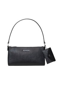 Borsa a mano in pelle nera con finitura testurizzata, una tracolla e chiusura con zip. Include un portacarte coordinato di dimensioni ridotte attaccato.