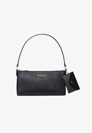 Schwarze Lederhandtasche mit strukturiertem Finish, einem Einzelriemen und einem Reißverschluss. Enthält einen kleinen passenden Kartenhalter, der befestigt ist.