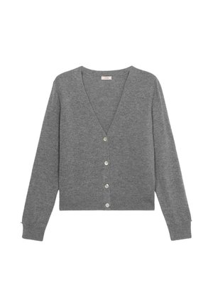 Grijze gebreide cardigan met een V-hals, lange mouwen en zes knopen aan de voorkant. Zachte textuur en aansluitende pasvorm, geschikt om te combineren in lagen.