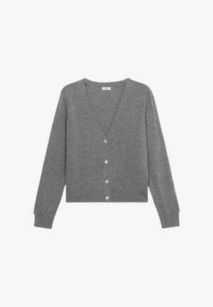 Grijze gebreide cardigan met een V-hals, lange mouwen en zes knopen aan de voorkant. Zachte textuur en aansluitende pasvorm, geschikt om te combineren in lagen.