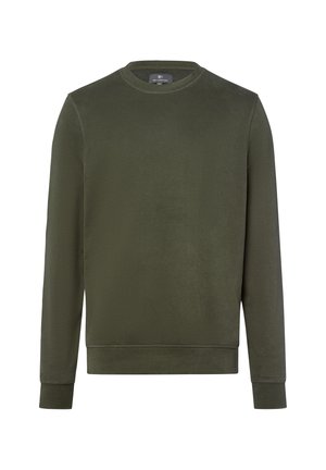 Oliwkowy sweter z okrągłym dekoltem, długimi rękawami i ściągaczami. Wykonany z miękkiego materiału z minimalnymi detalami szwów.