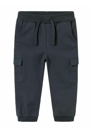 Schwarze Kinder-Jogginghosen mit elastischem Bund, Kordelzug, seitlichen Klapptaschen und gerippten Bündchen.
