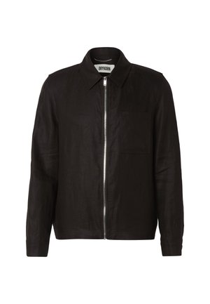 Black long-sleeve jacket with front zipper, pointed collar, and chest pocket, labeled "DRYKORN" inside the neckline.