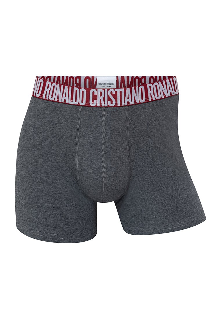 Boxer ajustados para hombre en gris oscuro con una banda roja que presenta "Cristiano Ronaldo" en letras grandes y blancas.