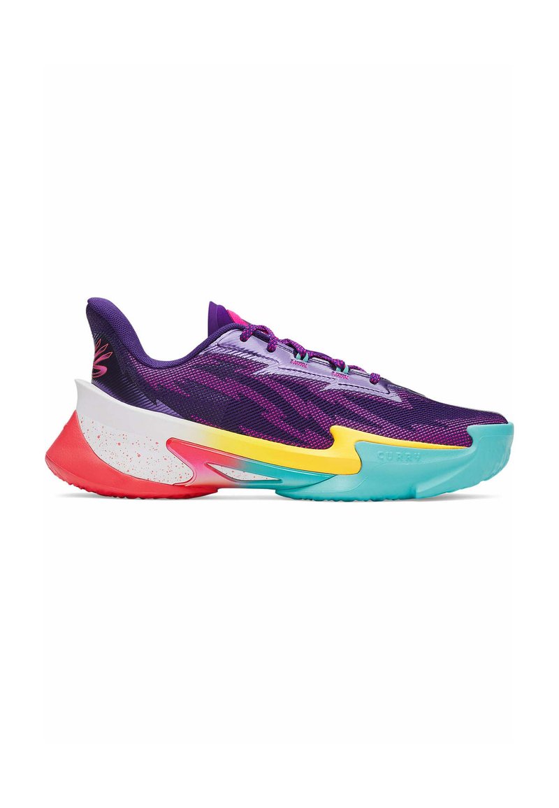 Purple athletic shoe with a breathable upper, multicolored sole featuring pink, yellow, and teal accents, and a textured surface.