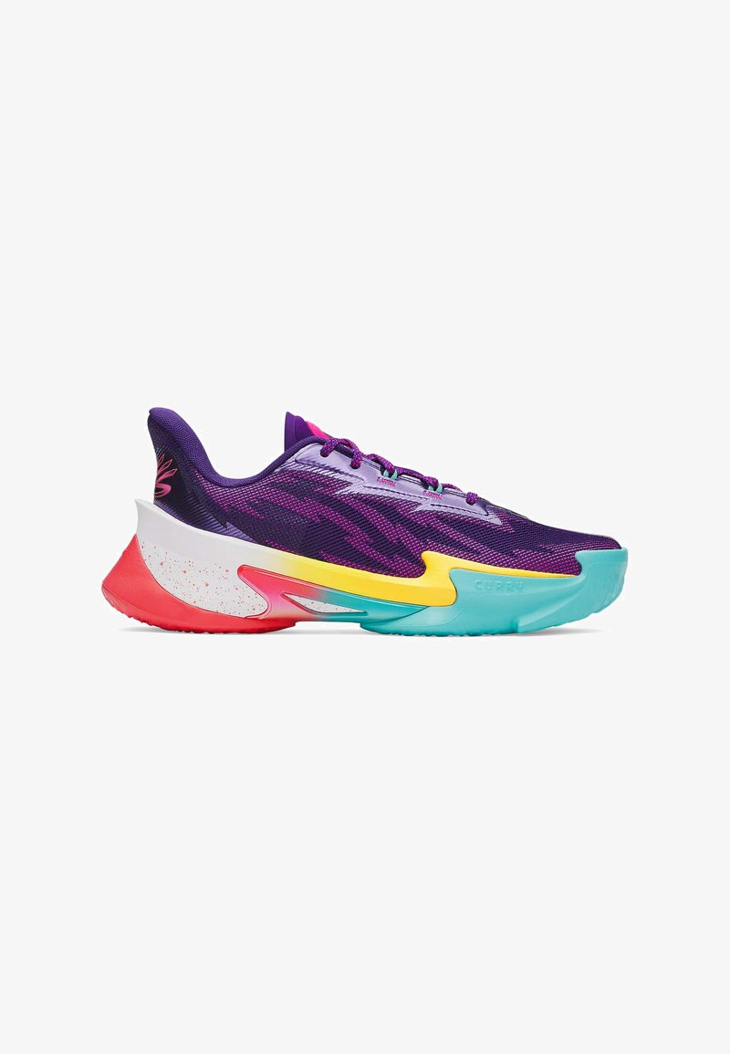 Purple athletic shoe with a breathable upper, multicolored sole featuring pink, yellow, and teal accents, and a textured surface.