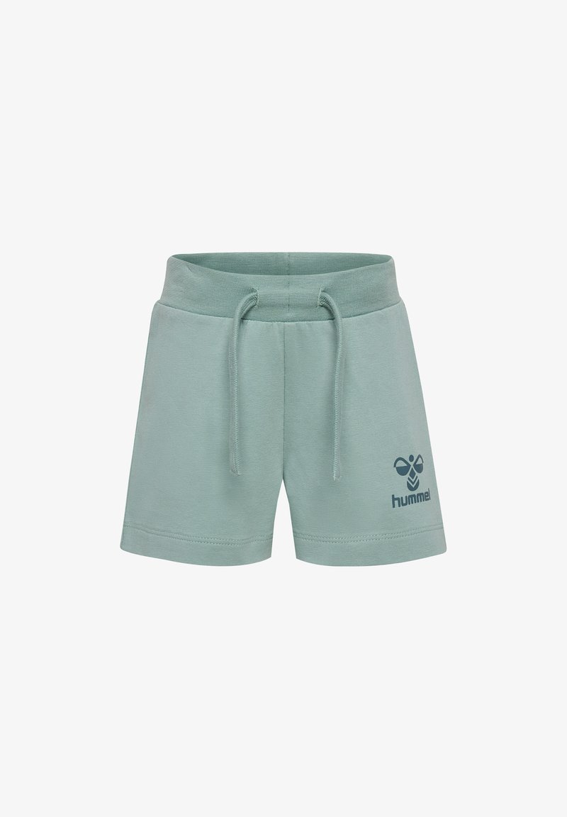 Mintgröna bomullsshorts med elastisk midja, dragsko och tryckt logotyp på vänster sida. Slät textur och avslappnad design.